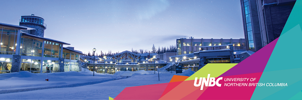 A wintry exterior of the University of Northern British Columbia campus, overlaid with the school's colourful logo.