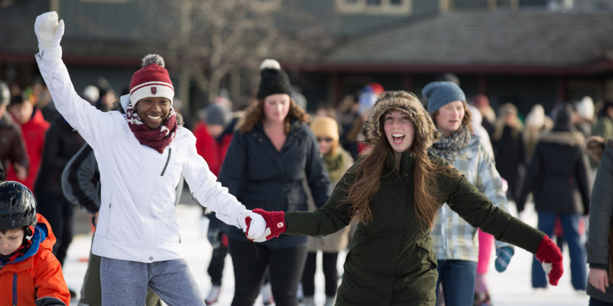 Students enjoy some Canadian winter skating on the campus of Redeemer University College.