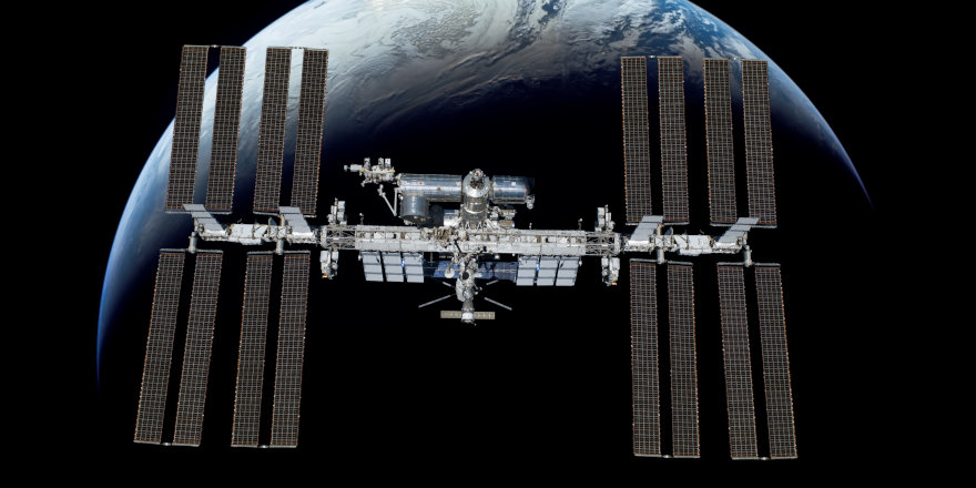 A satellite out in space. Learn about the ISS in Minecraft Education Collection!