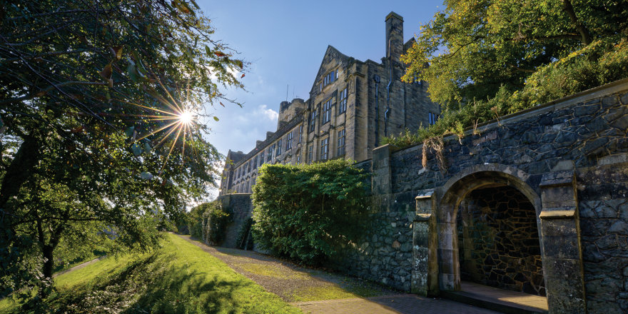 The sunny campus of Bangor University in Wales, United Kingdom.